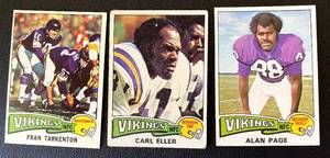 lot 102 image: Minnesota Vikings 1975 Topps 3 Card Lot - Fran Tarkenton, Carl Eller, Alan Page Vintage Football Cards