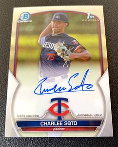 lot 57B image: Charlee Soto Chrome 1st On Card Auto 2023Bowman #CSA-CS Signed Minnesota Twins Rookie Baseball Card