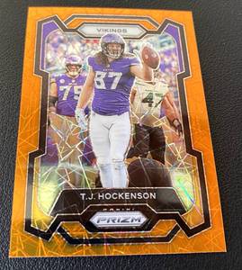 lot 77B image: T.J. Hockenson Orange Laser Prizm 2023 #198 Minnesota Vikings Football Card
