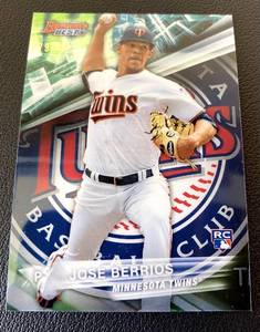 lot 98B image: Jose Berrios RC Refractor 99 2016 Bowmans Best #36, numbered 7999, Rare Minnesota Twins Baseball Card