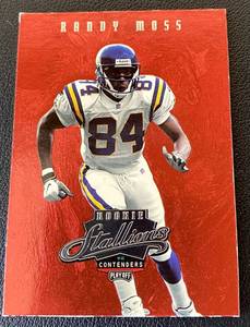 lot 112B image: Randy Moss RC Red Foil 1998 Playoff Contenders Stallions #11 Rookie Minnesota Vikings Football Card