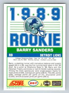 lot 2B image: Barry Sanders RC 1989 Score #257 Rare Rookie Football Card