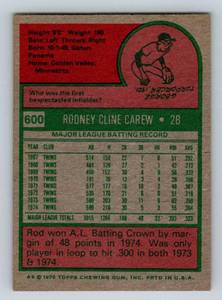 lot 25C image: Rod Carew 1975 Topps Mini #600 Vintage Baseball Card