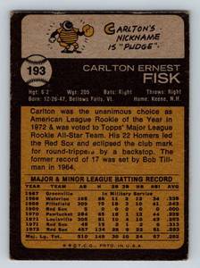 lot 53C image: Carlton Fisk Rookie Cup - 1973 Topps #193 Vintage Baseball Card