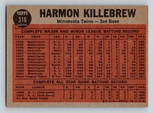 lot 57C image: Harmon Killebrew 1962 Topps #316 Vintage Minnesota Twins Baseball Card