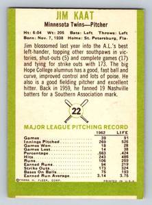lot 66C image: Jim Kaat 1963 Fleer #22 Vintage Minnesota Twins Baseball Card