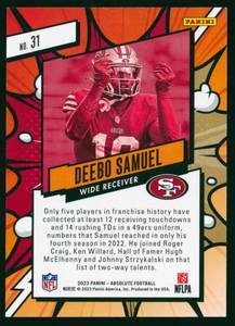lot 9C image: Deebo Samuel Absolute Explosive Short PrintCase Hit - 2023 Absolute Explosive #31 - Football Card