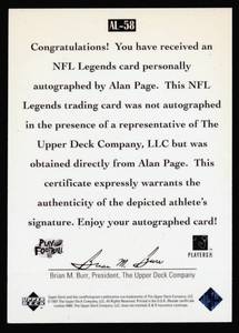 lot 26C image: Alan Page Auto 1997 Upper Deck NFL Legends #AL-58, Certified Signature Minnesota Vikings