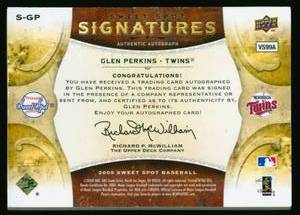 lot 23C image: Glen Perkins Sweet Spot Auto 99 - 2009 Sweet Spot Signatures Baseball S-GP, numbered 5899, Rare Minnesota Twins Baseball Card