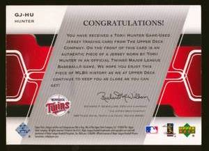 lot 47C image: Torii Hunter Game-Used Relic 2005 Upper Deck Game Jersey #GJ-HU Minnesota Twins Baseball Card