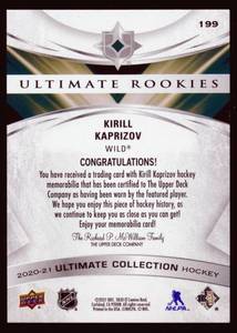 lot 54C image: Kirill Kaprizov Rookie Patch Card Numbered 23449 - 2020-21 Upper Deck Ultimate Rookies Patch Card #199 - Hockey Minnesota Wild
