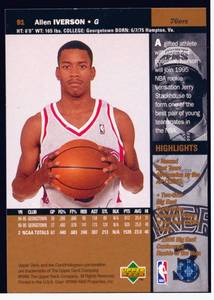 lot 228B image: Allen Iverson RC 1996 Upper Deck #91 Rookie Basketball Card