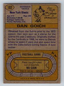lot 43D image: Dan Goich Rare RC 1974 Topps #102 - Hard to Find Vintage Football Rookie Card