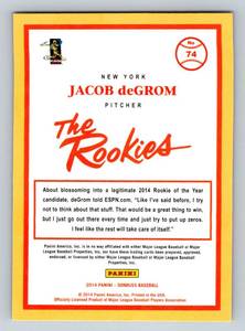lot 229B image: Jacob DeGrom RC 2014 Donruss The Rookies #74 Baseball Card