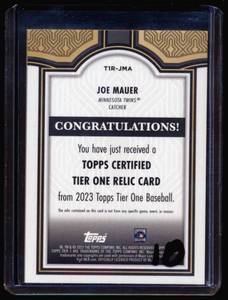 lot 7D image: Joe Mauer Bat Relic 400 - 2023 Topps Tier One Baseball #T1R-JMA, numbered 171400, Minnesota Twins Baseball Card