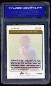 lot 56C image: Joe Mauer Pre-RC Graded 10 Gem Mint 2002 Just Minors Justifiable Prototype Bonus - Rare Minnesota Twins Rookie Baseball Card