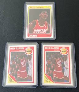 lot 221B image: Hakeem Olajuwon 3 Card Lot - 1988 Fleer #53 and (2) 1989 Fleer #61 Basketball Cards
