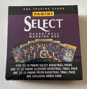 lot 75C image: Panini Select Basketball Monster Box (5) 22-23 Select Packs (1) 21-22 Illusions Tmall Pack (1_ 22-23 Prizm Tmall Pack, (1) Exclusive Bonus Card - Factory Sealed