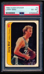 lot 6A image: Larry Bird 1986 Fleer Sticker #2 PSA Graded 6 EX-MT Vintage Basketball Card