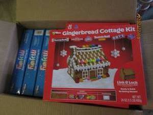 box of 11 in date ginger bread cottage kits and funfetti sugar cookie kits Best by 072024