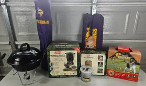 lot GAR06 image: Backyard Entertainment Bundle - Mosquito Deleto 2100 Portable System(New in Box), Vikings Chairs, Washer Game, Coleman Outdoor Blanket, Vortex Porpane Table Top Grill and Tiki Candle