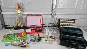 lot GAR14 image: Fishing Extravaganza- Tackle Boxes, Ice fising pole, fileting kit and many fishing accoutrements
