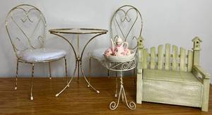lot LBR241 image: Doll Furniture - Table & Chairs, Bench plus Tea set