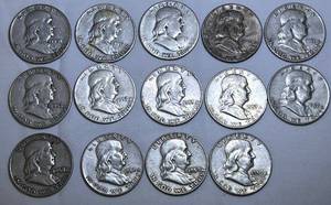 lot COIN03 image: Benjamin Franklin Half-Dollars - 14 total