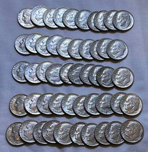lot COIN17 image: 1964 90% Silver Dimes - 50 Total - LOT ONE