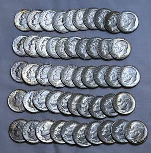 lot COIN20 image: 1964 90% Silver Dimes - 50 Total LOT FOUR