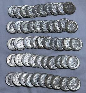 lot COIN21 image: 1964 90% Silver Dimes - 50 Total LOT FIVE
