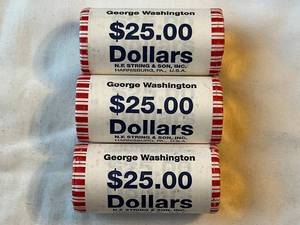 lot COIN81 image: George Washington Presidental Dollar Roll - uncirculatedunopened Rolls - 3 rolls of $25