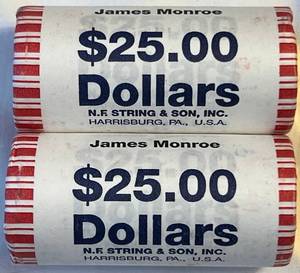 lot COIN85 image: James Monroe Presidental Dollar Roll - uncirculatedunopened Rolls - 2 rolls of $25