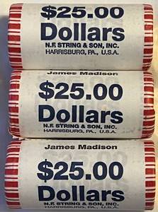 lot COIN90 image: James Madison Presidental Dollar Roll - uncirculatedunopened Rolls - 3 rolls of $25