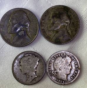 lot COIN94 image: 1914 Barber Dime, Mercury Dime 1920, 1942 & 1943 War Nickels 35% Silver