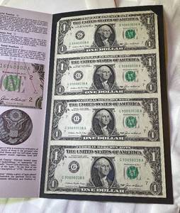 lot COIN101 image: 1985 US Bureau of Engraving & Printing 4 Uncut $1 Bills with Original Folder