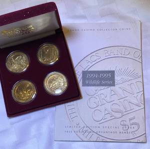 lot COIN102 image: 1994-1995 Wildlife Series Grand Casino Collector $5 Coins -Pheasants, Whitetail Deer, Loon and Timberwolf