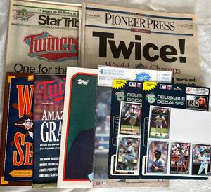 lot CARD15 image: MN Twins Collector Bundle - October 1991 Newspapers, Twins Magazine, World Series Souvenir Scorebook, Glossy Pictures and Decals
