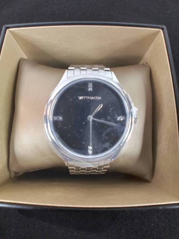 NEW Wittnauer Mens Silvertone Stainless Steel Black Dial Diamond Accent Watch