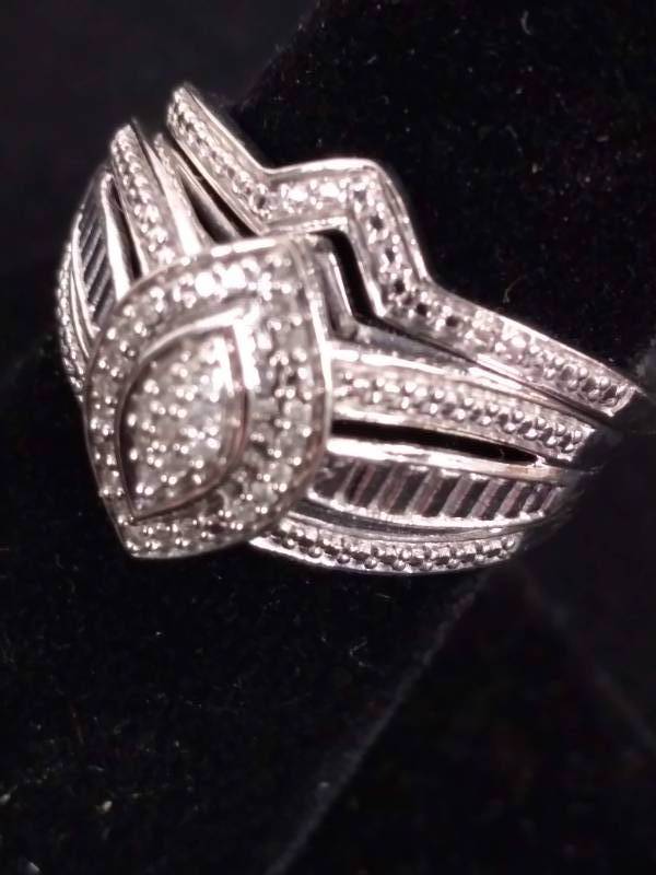 New Sterling Silver Diamond Accent Cluster Marquise Design 3-Pc. Bridal Set, Size 7