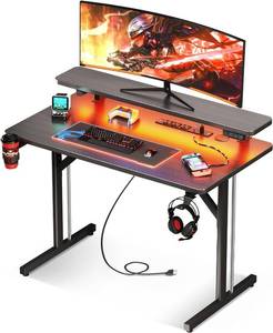 lot 31 image: MOTPK Small Gaming Desk with LED Lights & Power Outlets, 39 Inch Computer Desk Gaming Table with Monitor Shelf, Gamer Desk with Carbon Fiber Texture,