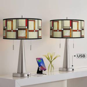 lot 52 image: Modern Squares Vicki Brushed Nickel USB Table Lamps Set of 2 with Print Shade