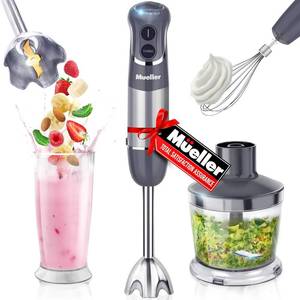 lot 72 image: Mueller Smart Stick   Immersion Blender, Titanium Steel Blades Hand Blender, Comfygrip Handle, Whisk, BeakerMeasuring Cup