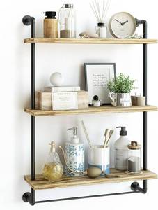 lot 103 image: Fixwal 24in Over The Toilet Storage, 3 Tier Bathroom Shelves Wall Mounted, Rustic Wood Industrial Pipe Shelf, Floating Shelf