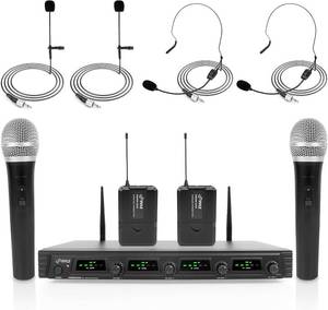 lot 114 image: Knob on Right Needs Repair Pyle 4 Channel Wireless Microphone System Portable UHF Audio Mic Set with 2 Handheld, 2 Headset, 2 Lavalier Mics, 2 Transmitter  - For Karaoke, PA, DJ - Pyle PDWM4540