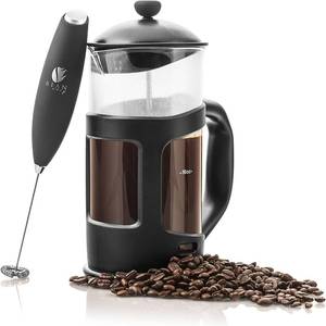lot 128 image: Bean Envy French Press Coffee Maker and Milk Frother Set - 34 oz Glass Carafe Coffee Press & Drink Mixer Duo w Stainless Steel Stand