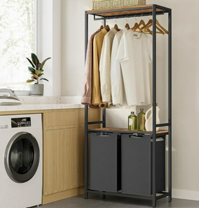 VASAGLE 2 Section Laundry Sorter with Clothes Rack Laundry Hamper with 2 Shelves Removable Laundry Basket