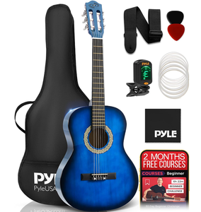 Pyle Classical Acoustic Guitar Kit, 34 Junior Size All Wood Instrument for Beginner Kids, Adults, 36 Ocean Blue