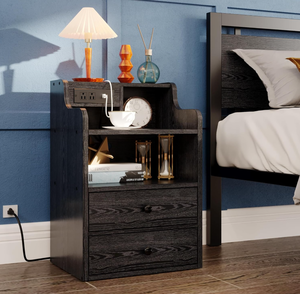 LIKIMIO Black Nightstand with LED Charging Station 2 Drawers and Storage Shelves