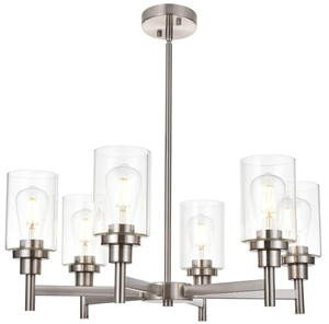 VINLUZ 6 Light Contemporary Chandelier Brushed Nickel Modern Pendant Lighting Cylinder Clear Glass Shaded